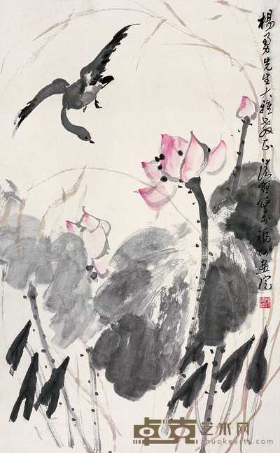 陈清狂 荷塘雁影 立轴 82×50cm